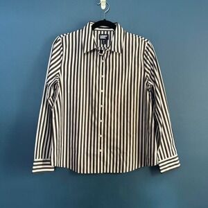 Lands End Stripe Shirt Women's Size 8 Petite Black White Collared Classic Crisp